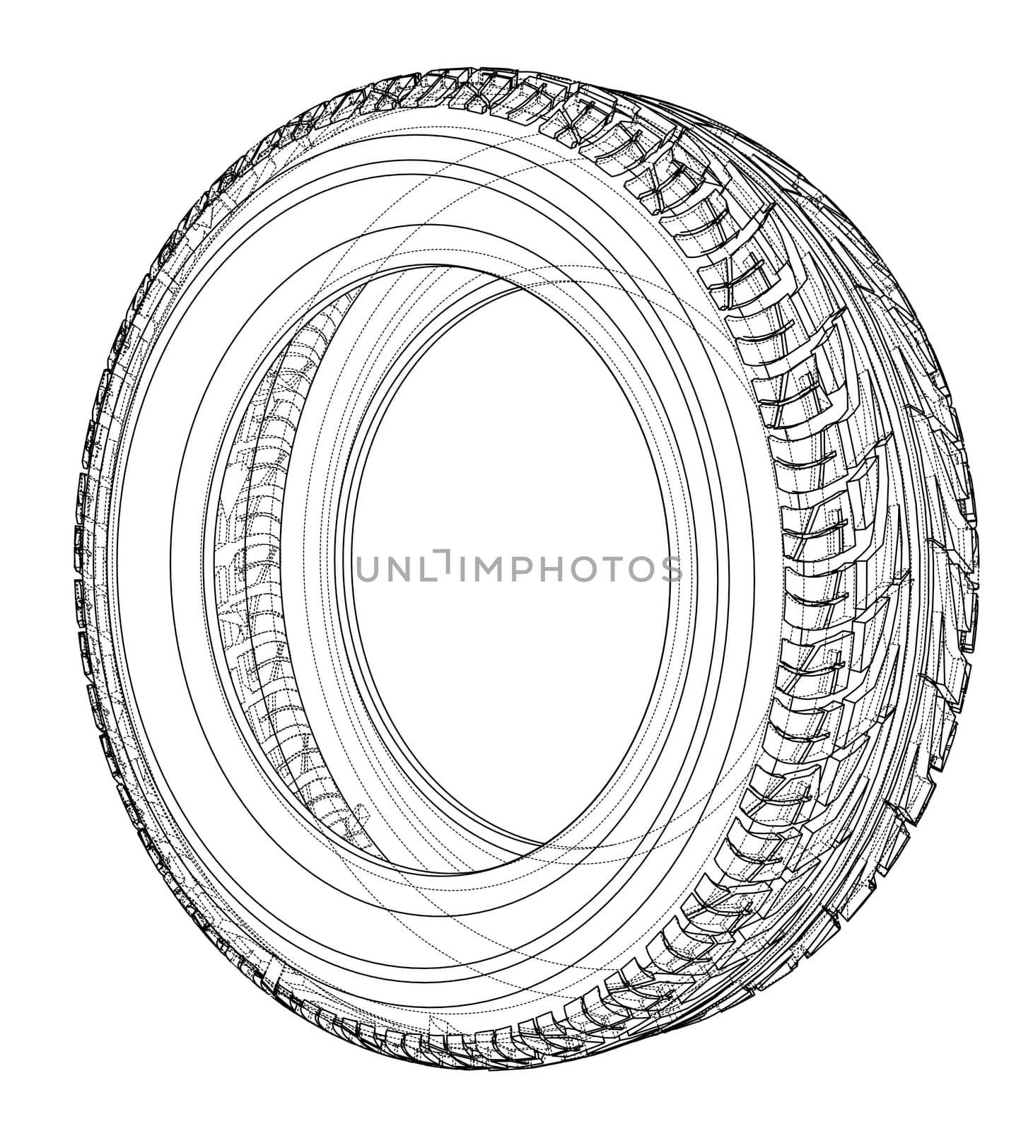 Car tire concept. 3d illustration. Wire-frame style