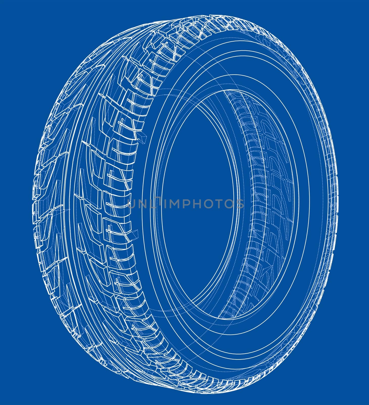 Car tire concept. 3d illustration. Wire-frame style