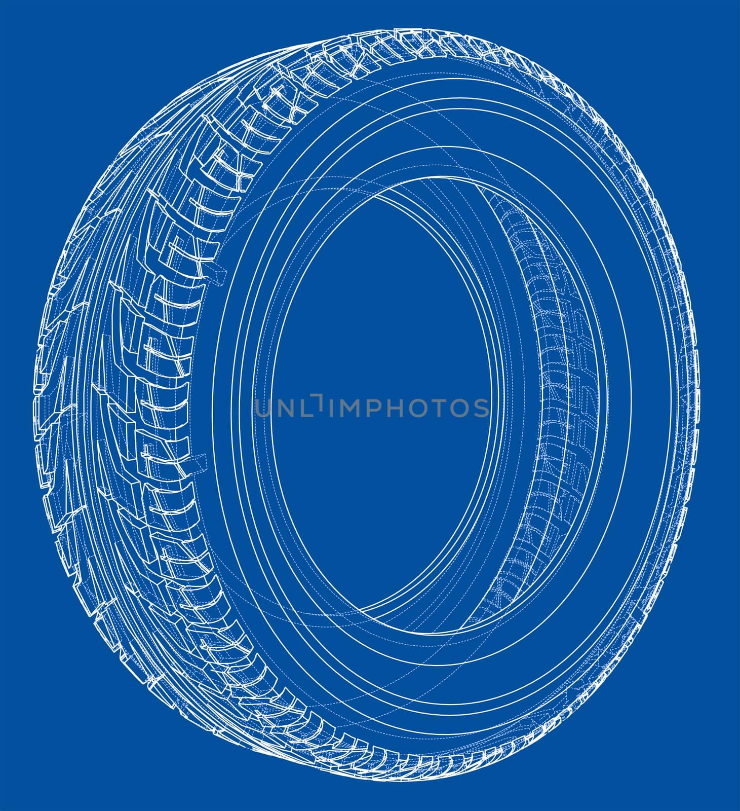 Car tire concept. 3d illustration. Wire-frame style