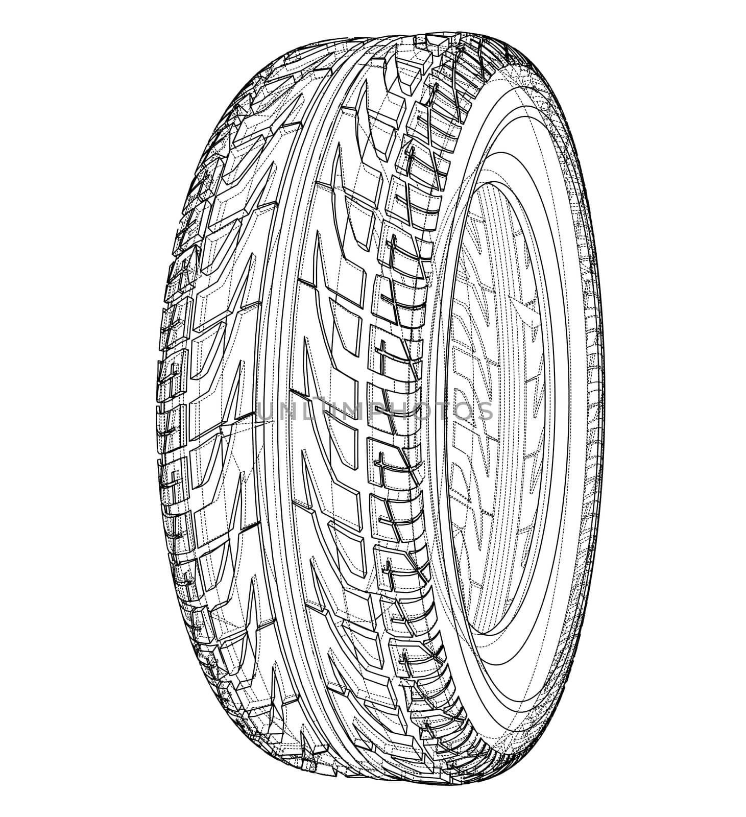 Car tire concept. 3d illustration. Wire-frame style