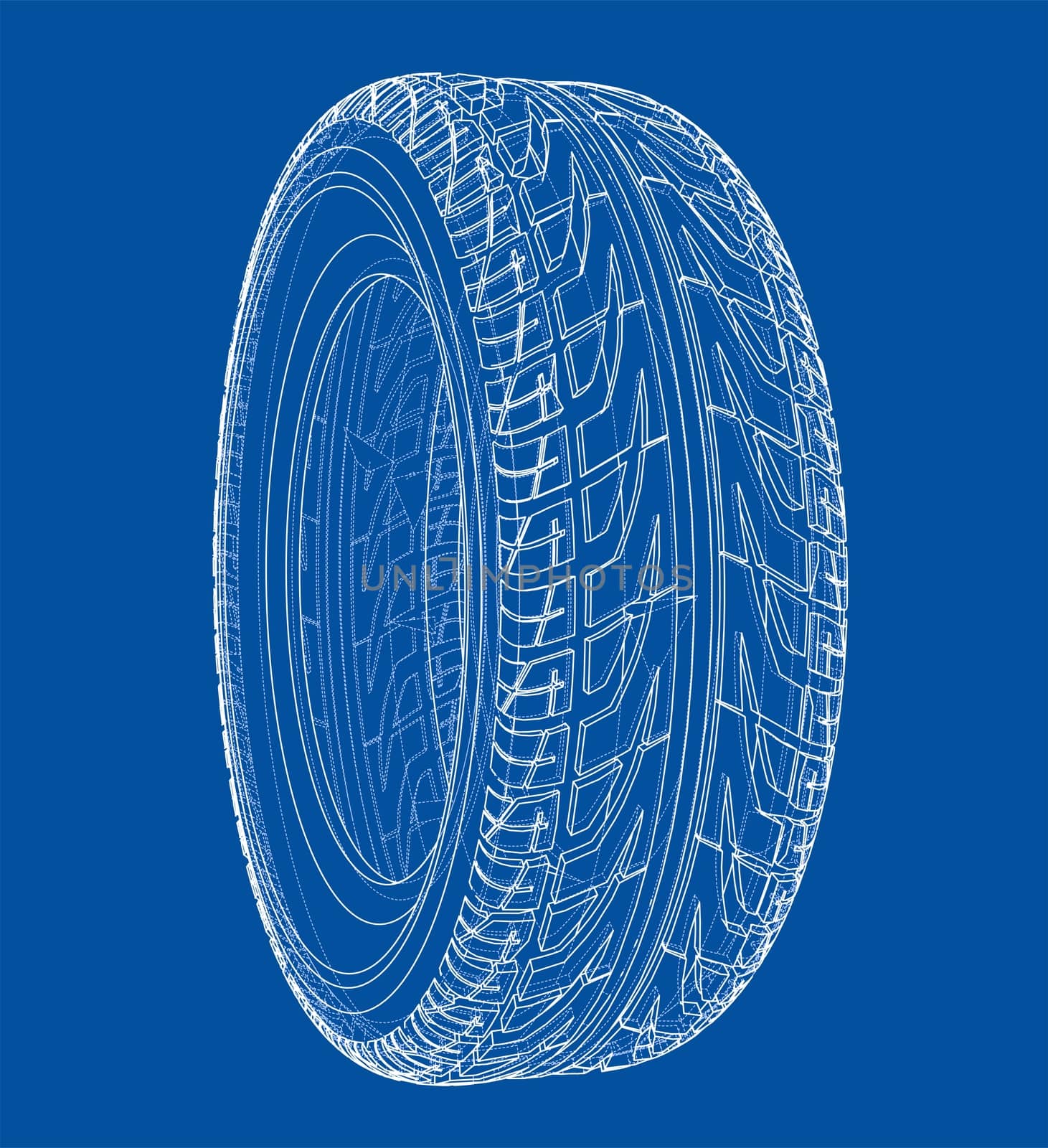 Car tire concept. 3d illustration. Wire-frame style