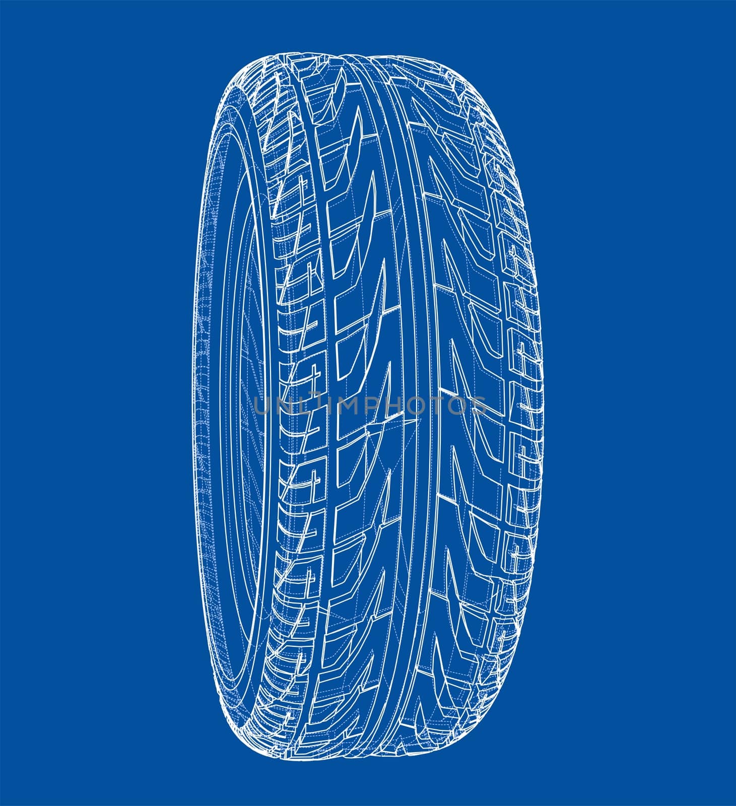 Car tire concept. 3d illustration. Wire-frame style