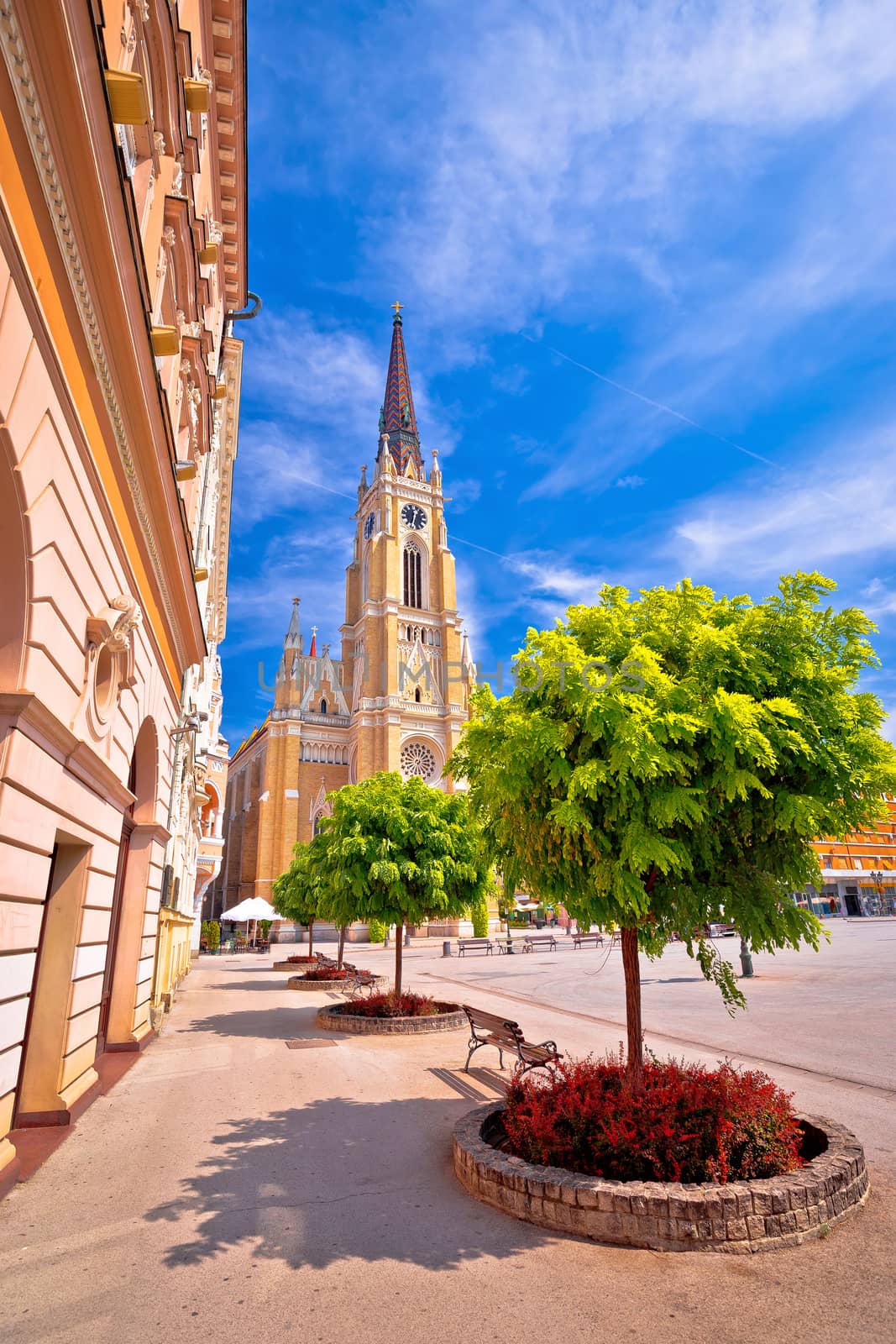 Novi Sad square and cathedral colorful view, Vojvodina region of Serbia
