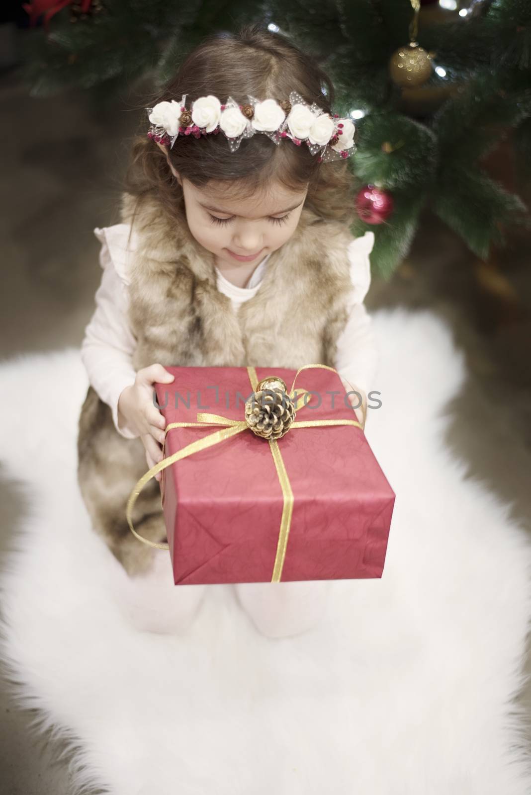 A pretty little girl kid holds a big Christmas gift in front of a Christmas tree. Christmas concept, background.