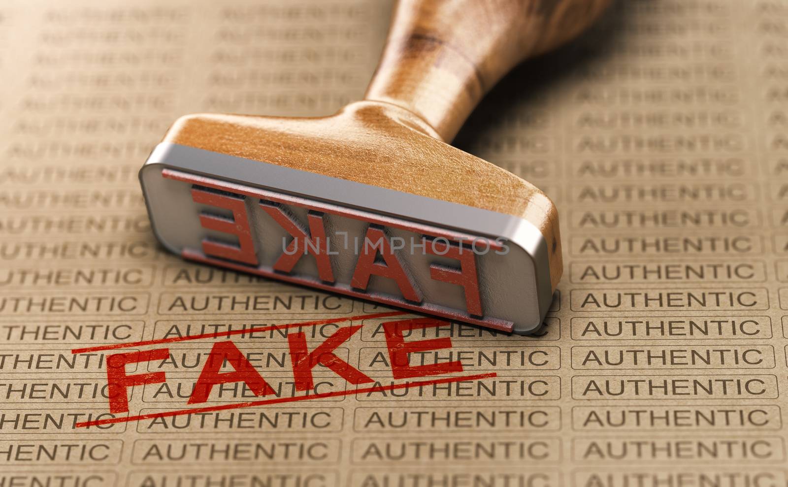 Rubber stamp and word fake printed on a paper background with the repeated text authentic. Concept of counterfeit or plagiarism. 3D illustration.