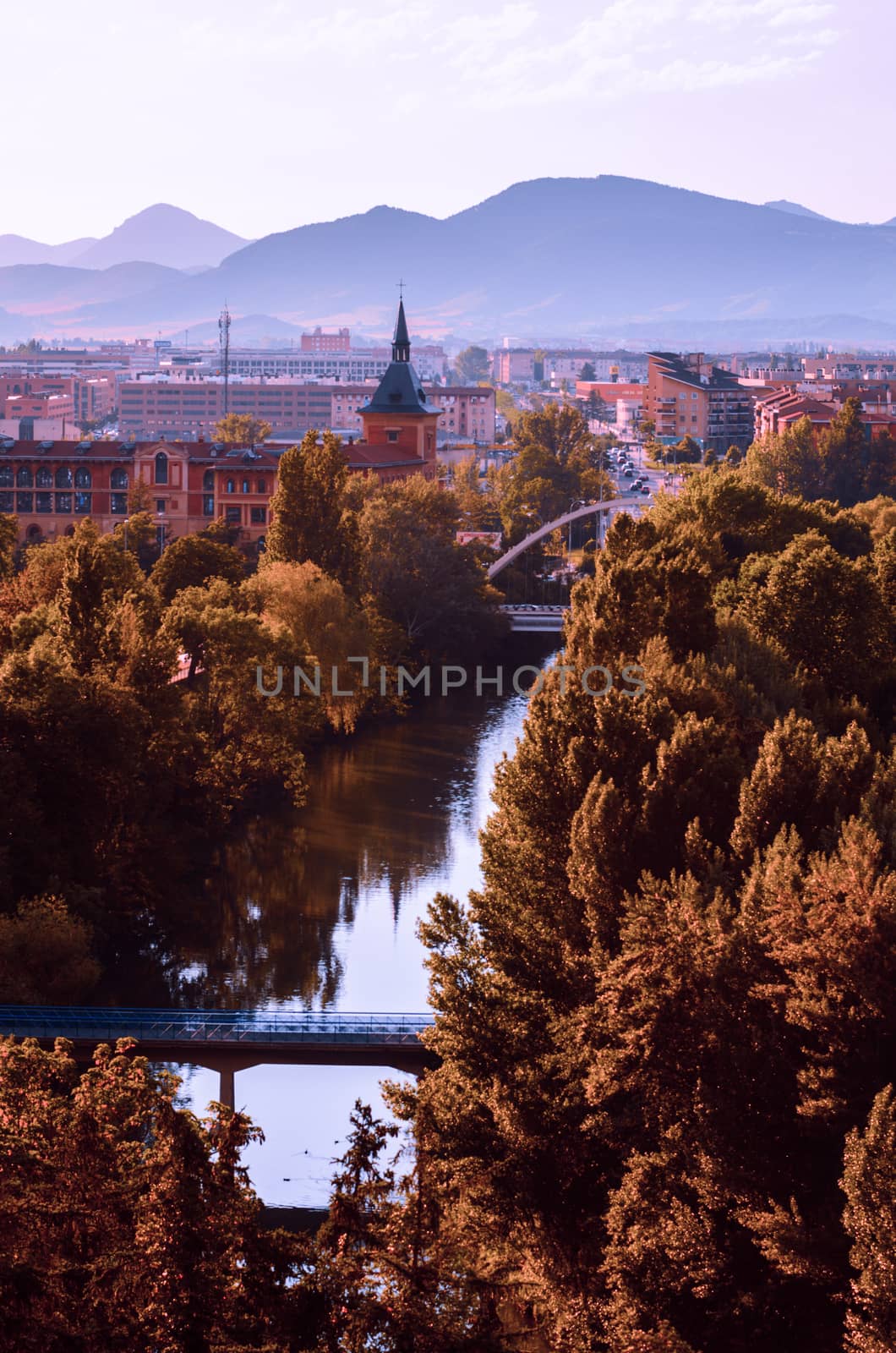 Arga river crosses Pamplona creating scenes like this one of the Rochapea neighbourhood