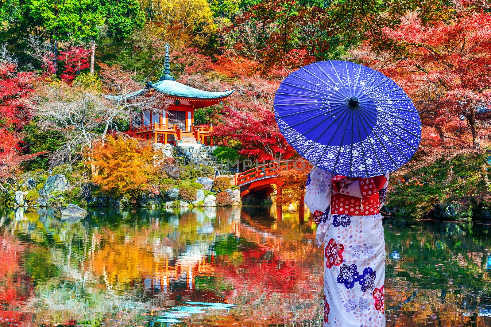 Asian woman wearing japanese traditional kimono in Daigoji temple, Kyoto. Japan autumn seasons.