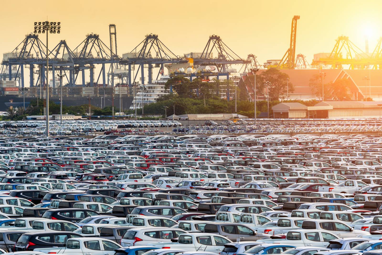 Row of new cars in port. by gutarphotoghaphy