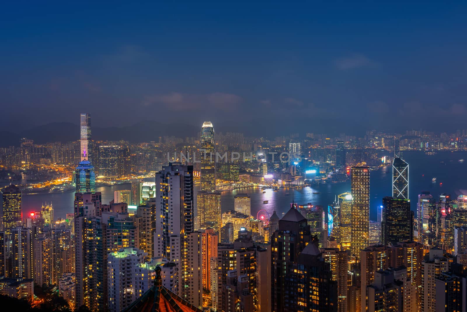 Hong Kong cityscape at night from the Victoria peak.