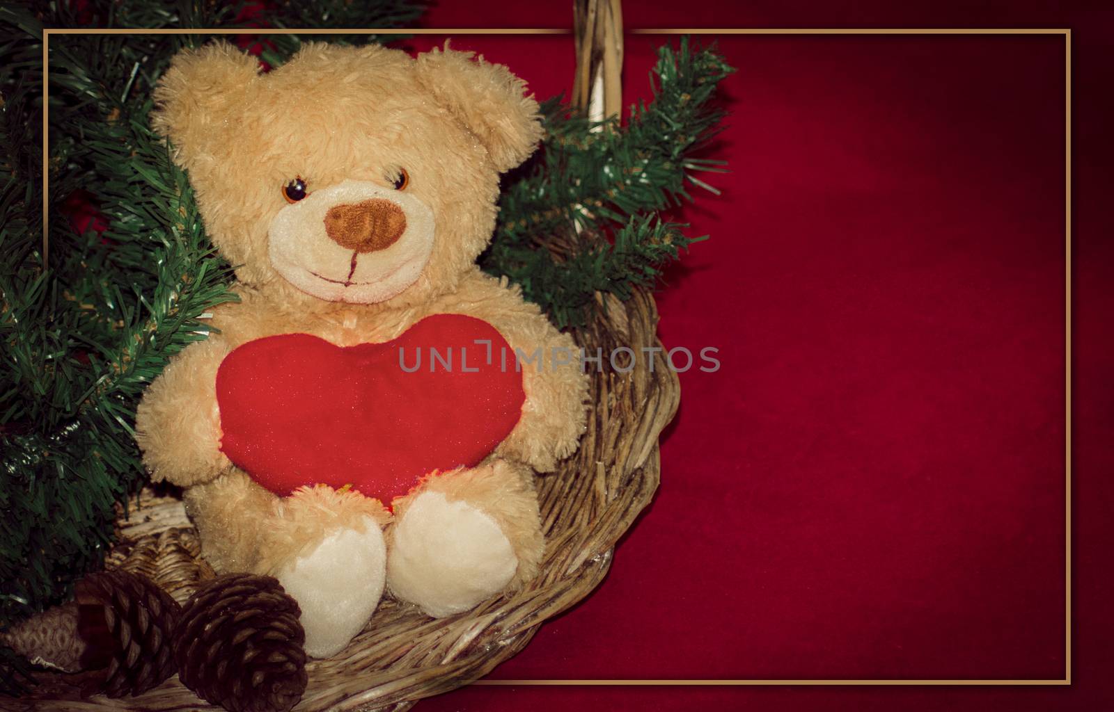 merry christmas postcard design with teddy bear and gift box red