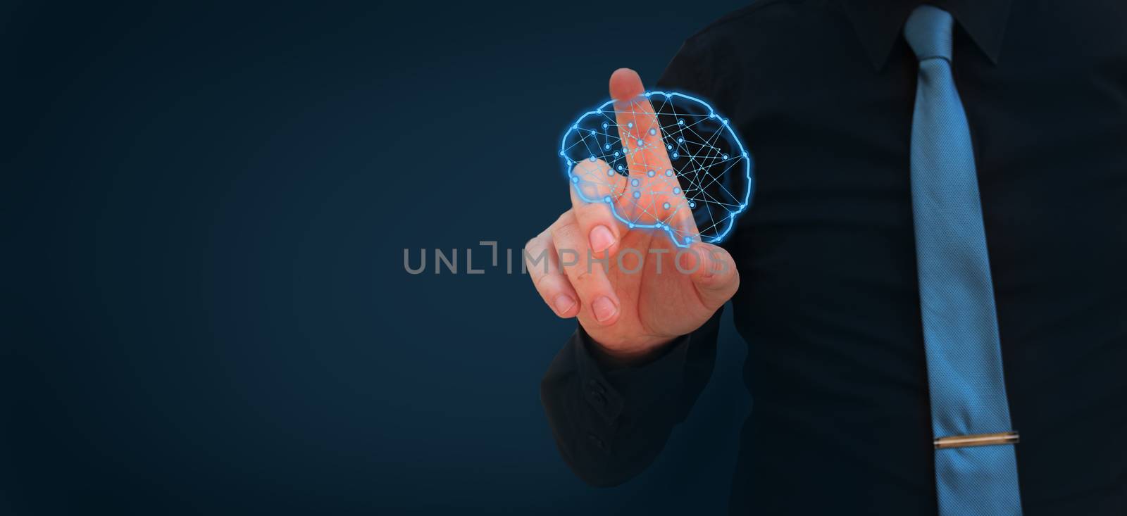 Human hand polygonal glowing brain - artificial intelligence concept, machine learning, nanotechnologies and another modern technologies concepts, dark blue background by negmardesign