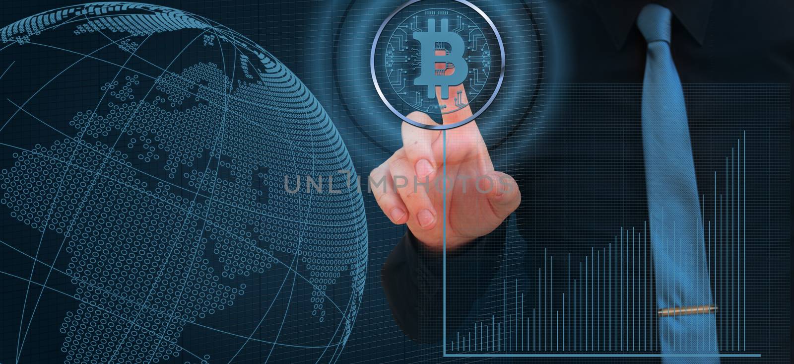 businessman pointing finger on the bitcoin digital cryptocurrency with stock market chart and globe by negmardesign