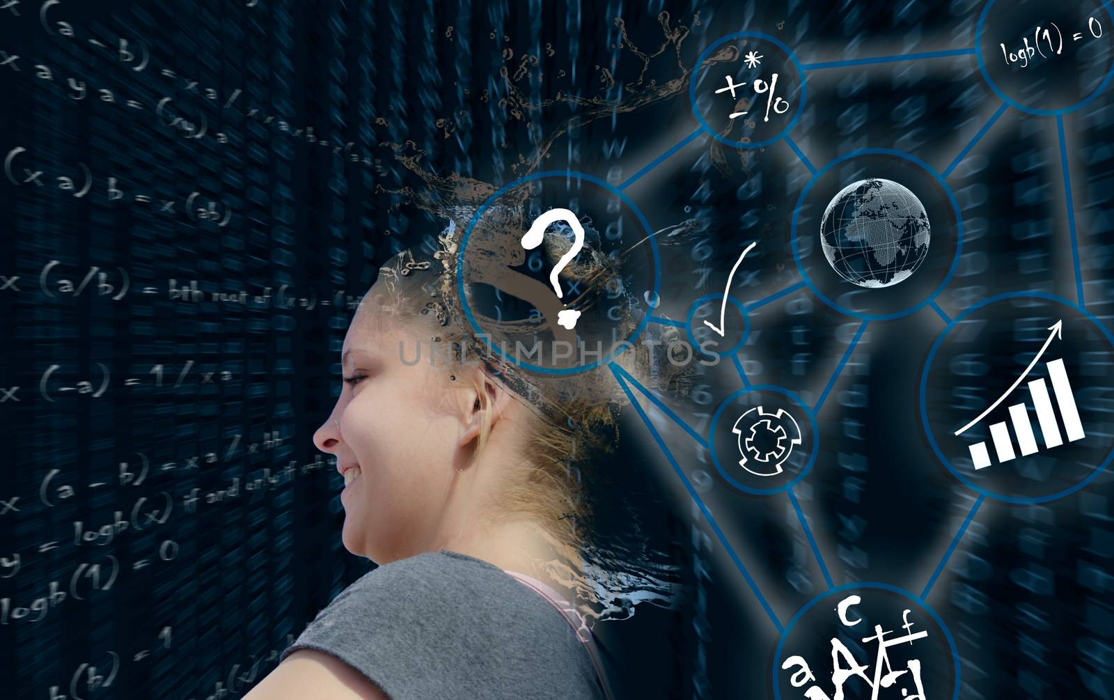 Artificial Intelligence. Young blond woman in Composition on the subject of Future Technologies artifical inteligence concept