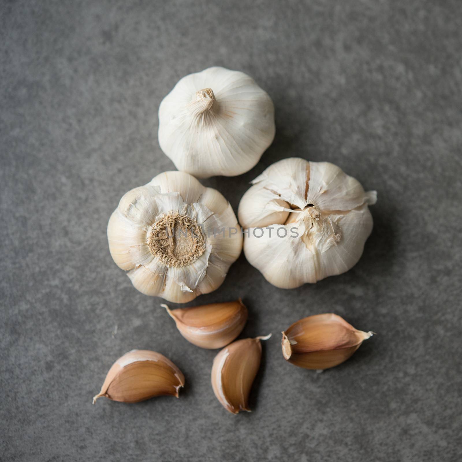 Top view garlic cloves and bulb on dark background.