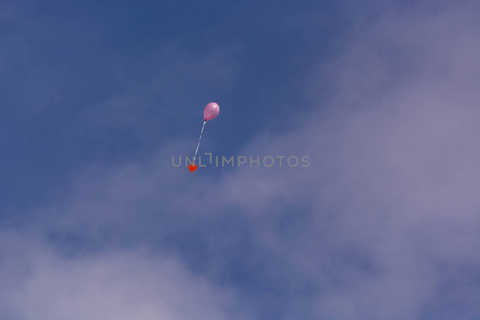 Pink balloon with ribbon and greeting card in front of blue sky