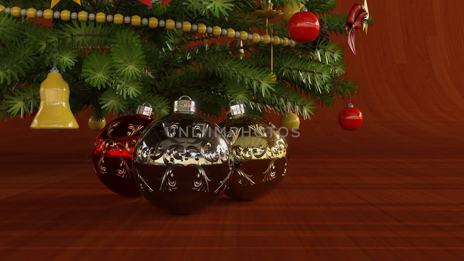 Christmas balls under Christmas tree - 3d rendering