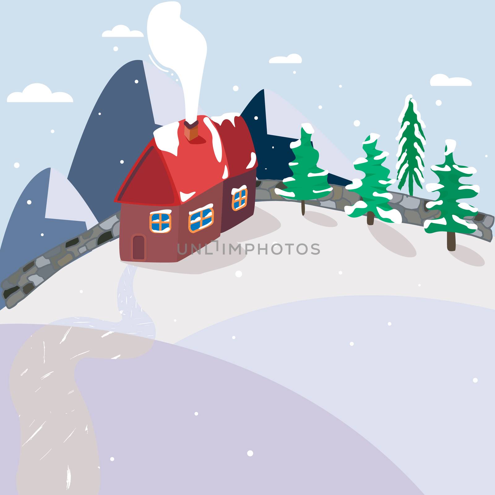 Home in mountains, snowy scene with smoke from chemney.