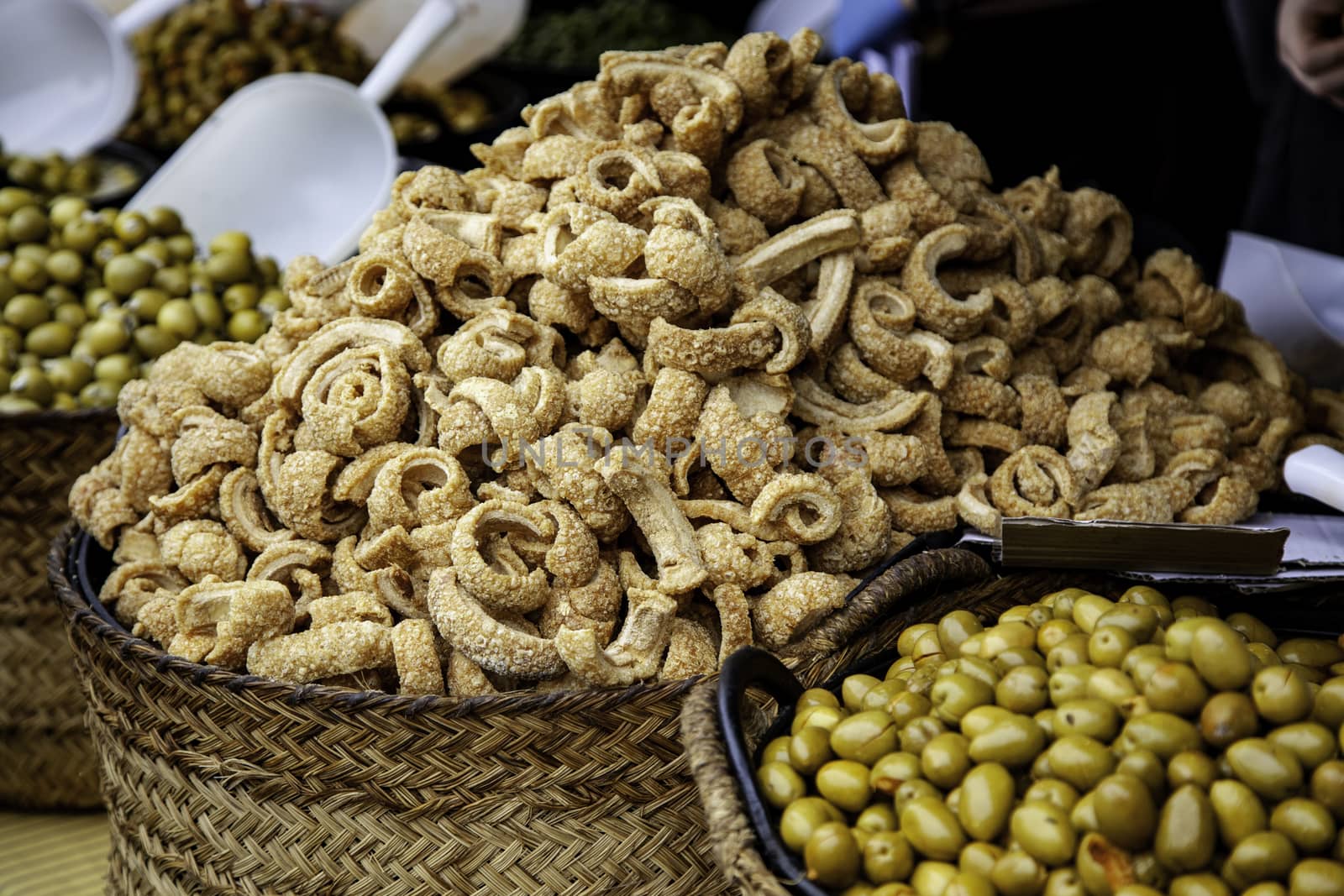 Olives in a market, detail of prepared food, appetizer