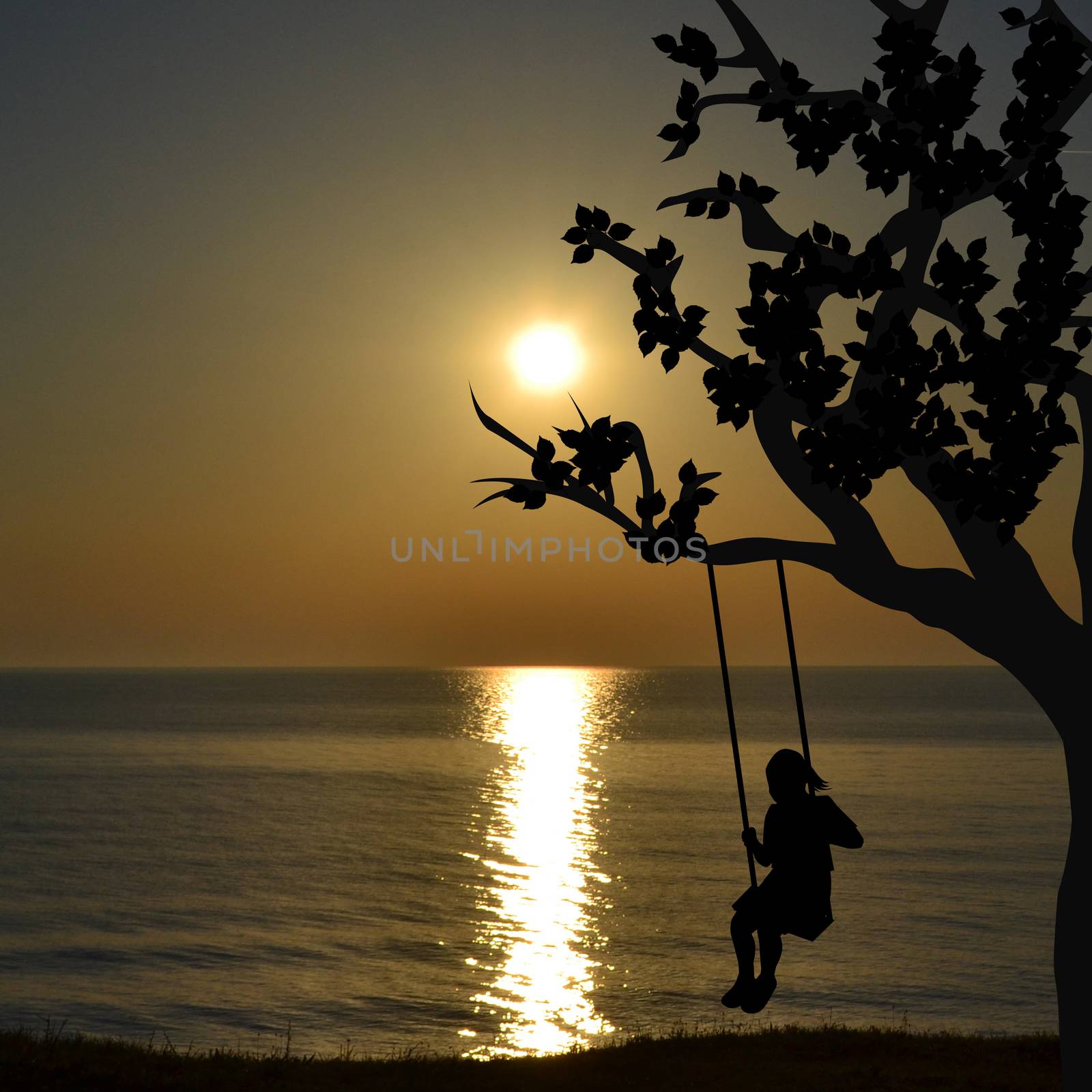 Happy child girl on swing in sunrise at the seaside
