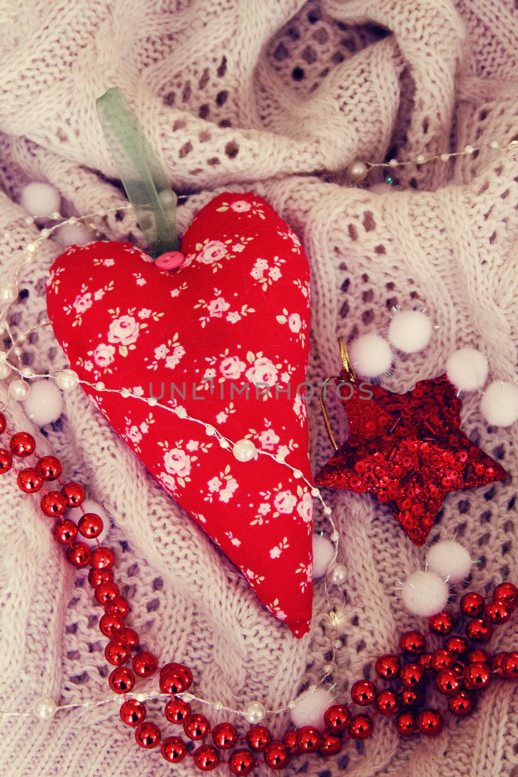 textile handmade toy big red heart for Christmas. background. Photo