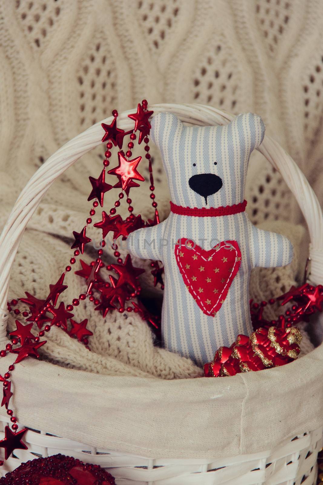 Handmade Teddy bear for Valentine day. Background. photo