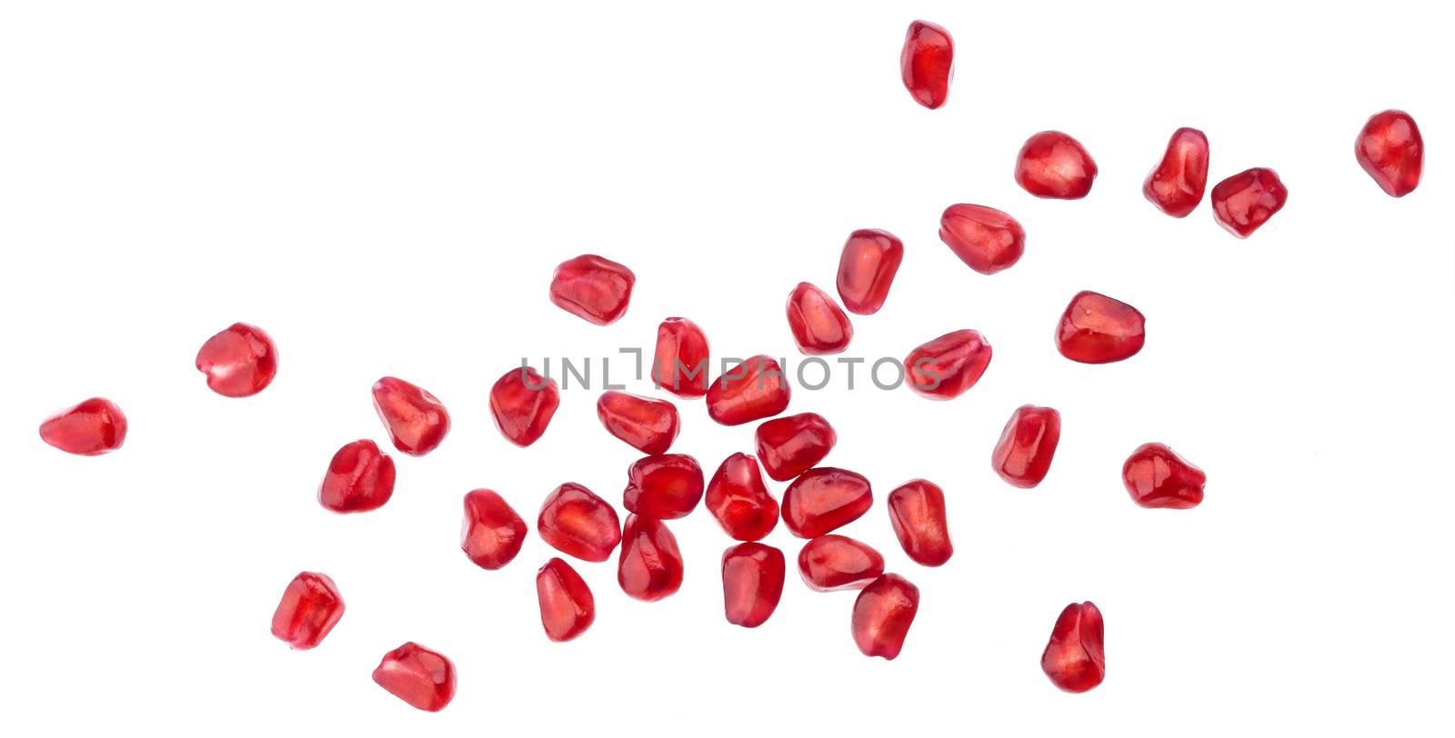 Pomegranate seeds isolated on white background with clipping path, top view