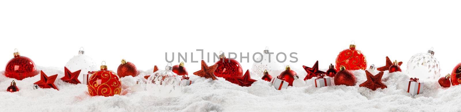 Christmas decoration frame of balls stars and gifts in snow in a row isolated on white background copy space for text design element