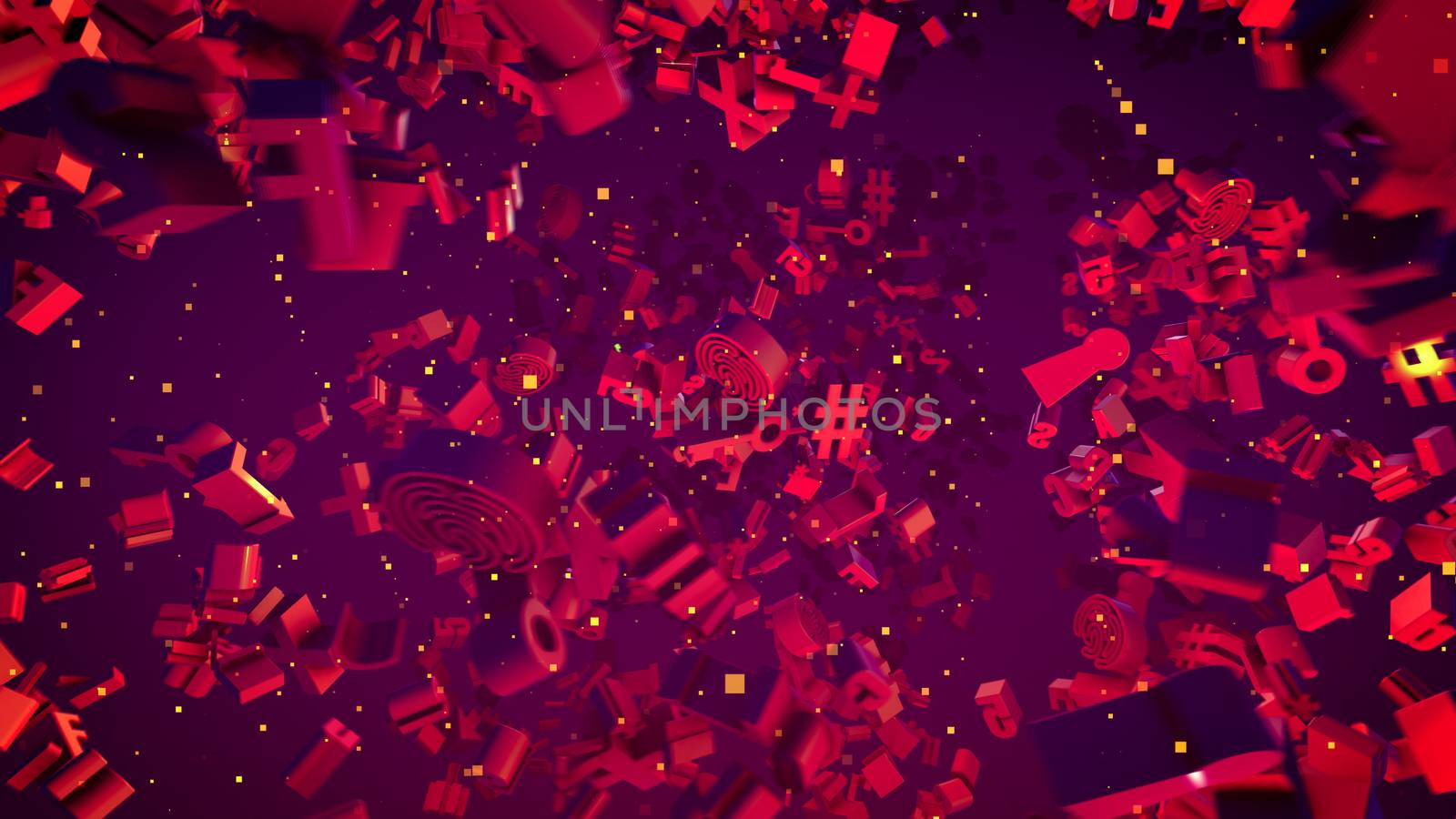 Abstract 3d illustration of bright purple computer symbols representing key, at sign, pluses, minuses, grates, numbers and others. They look optimistic, advanced and innovative.