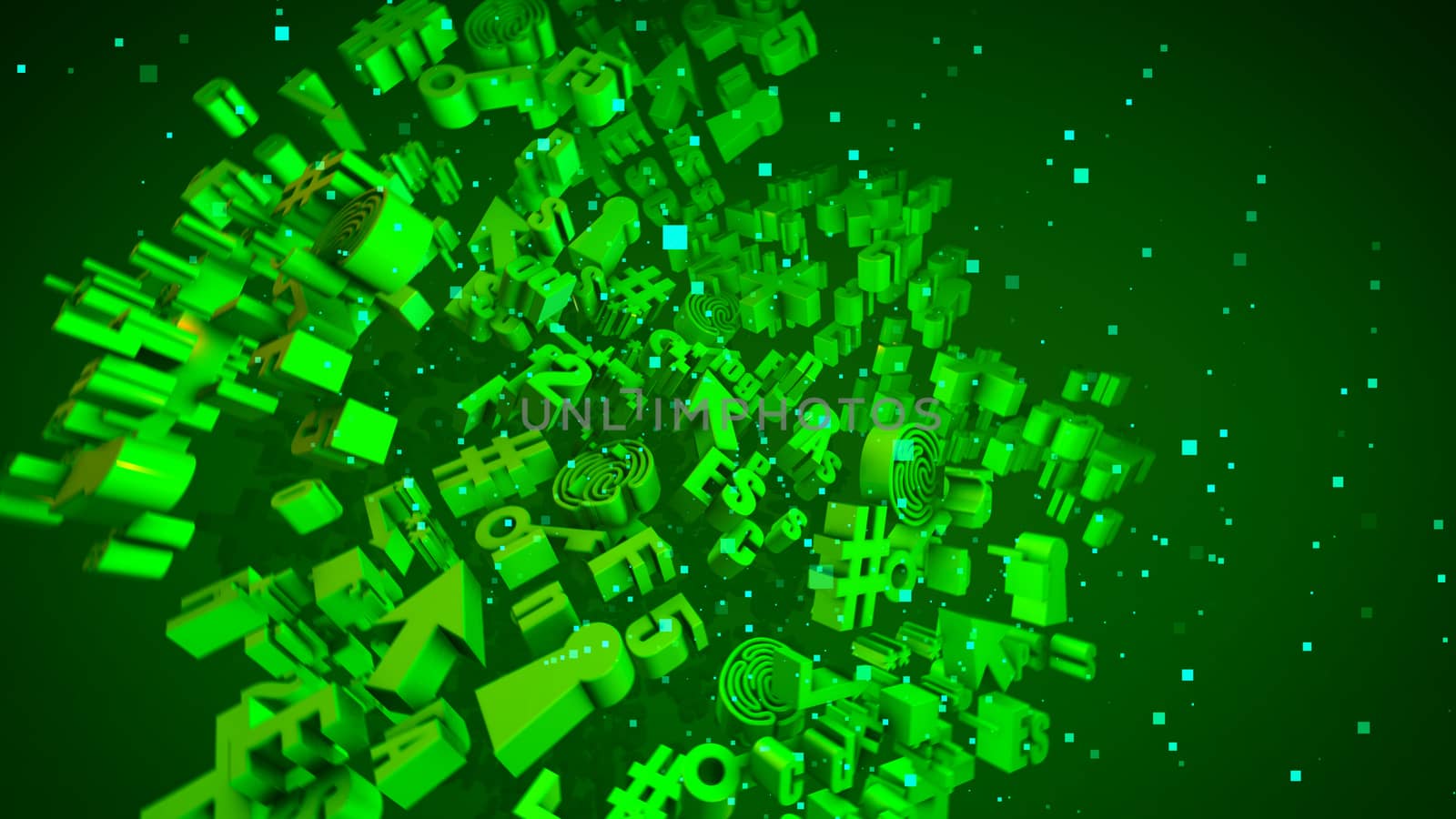 Opt art 3d illustration of spinning light green computer symbols such as arrow, key, numbers, letters, grates, clouds, spirals, brackets, at signs, and others in the dark green background.