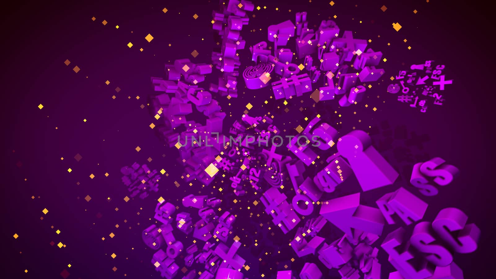 Breathtaking 3d illustration of revolting light violet computer signs such as arrow, key, stars, numbers, letters, grates, spirals,  clouds, pluses, with dashing yellow squares in the violet backdrop.