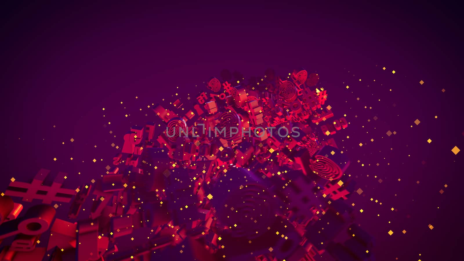 Stunning 3d illustration of glowing purple computer signs such as arrow, key, numbers, letters, grates, spirals, brackets and others with rushing yellow spots in the violet background.