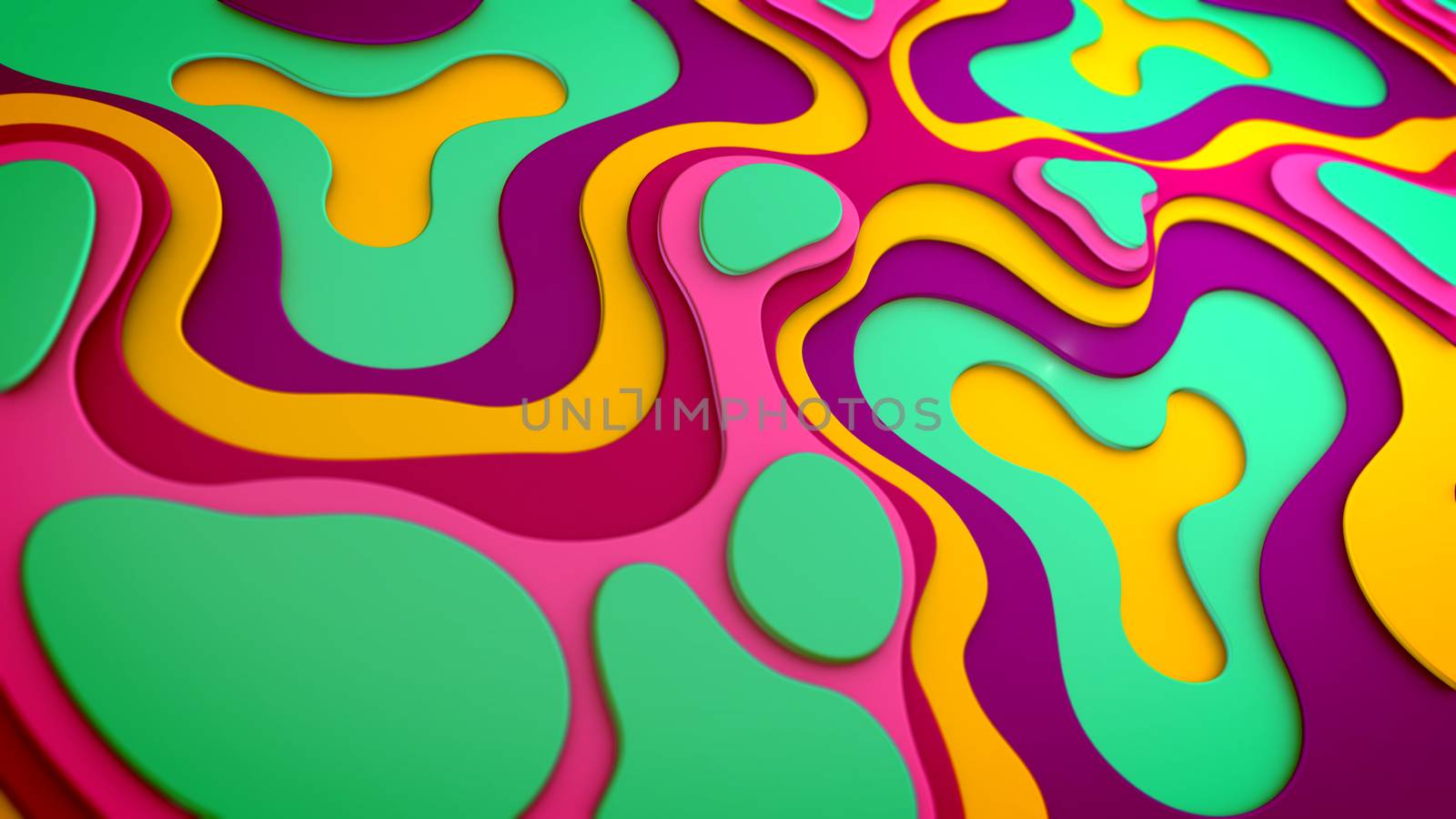 Decorative 3d illustration of multicolored and multishaped plastic blobs and spots placed horizontally in an optimistic way. They inspire the mood of fest, optimism and cheerfulness.