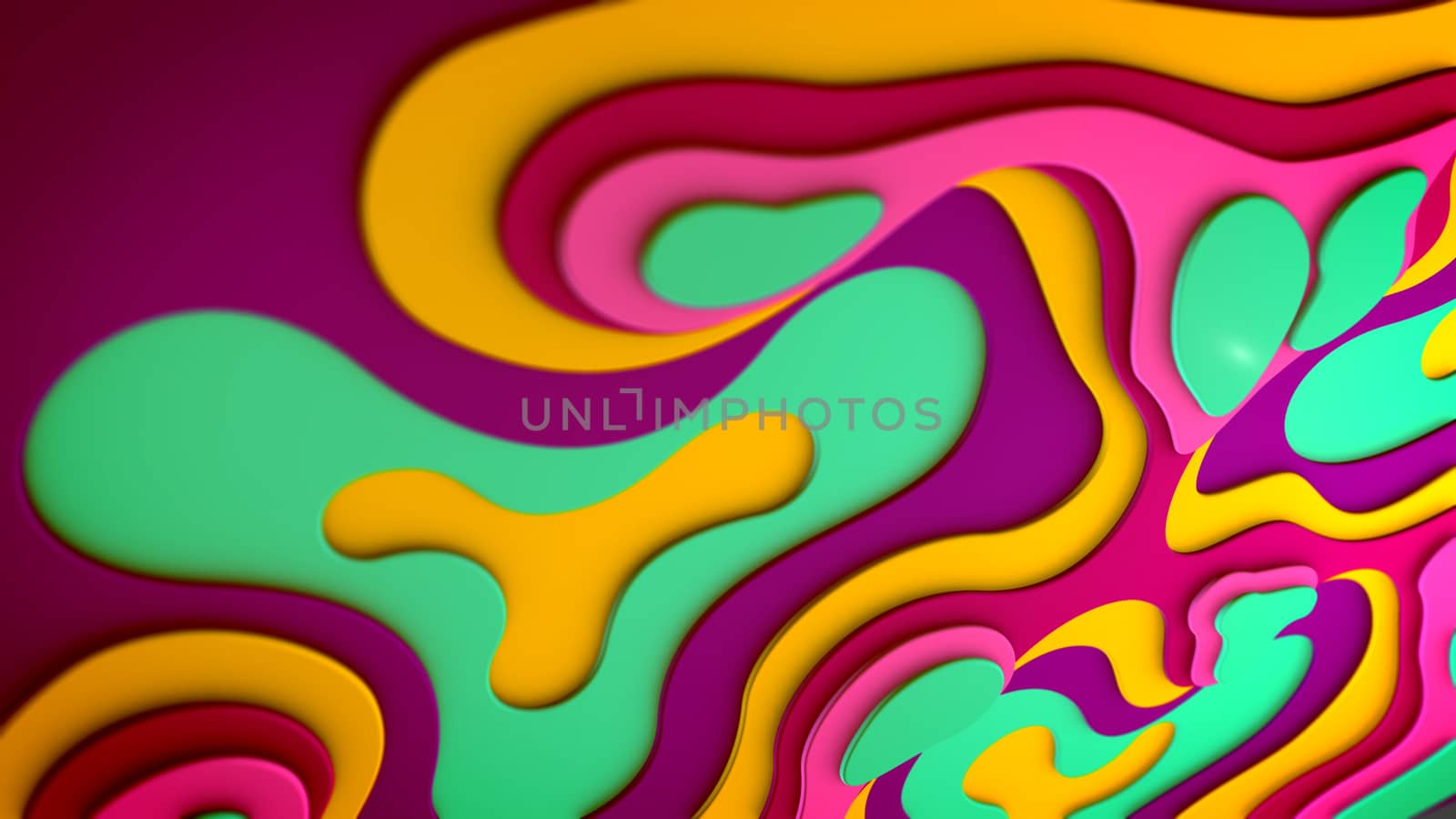 Arty 3d illustration of multicolored and multishaped blobs and curves moving horizontally in an enigmatic way. They inspire the mood of optimism, innovation and cheerfulness.