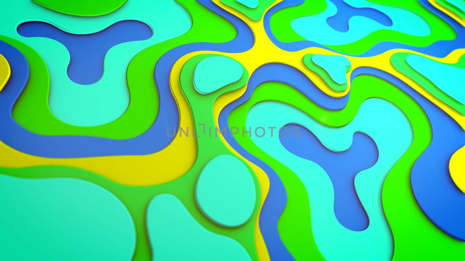 Optical art 3d illustration of curvy green and blue plastic blobs and spots placed askew in a cheerful and jolly way. They generate the spirit of celebration, optimism and innovaton.