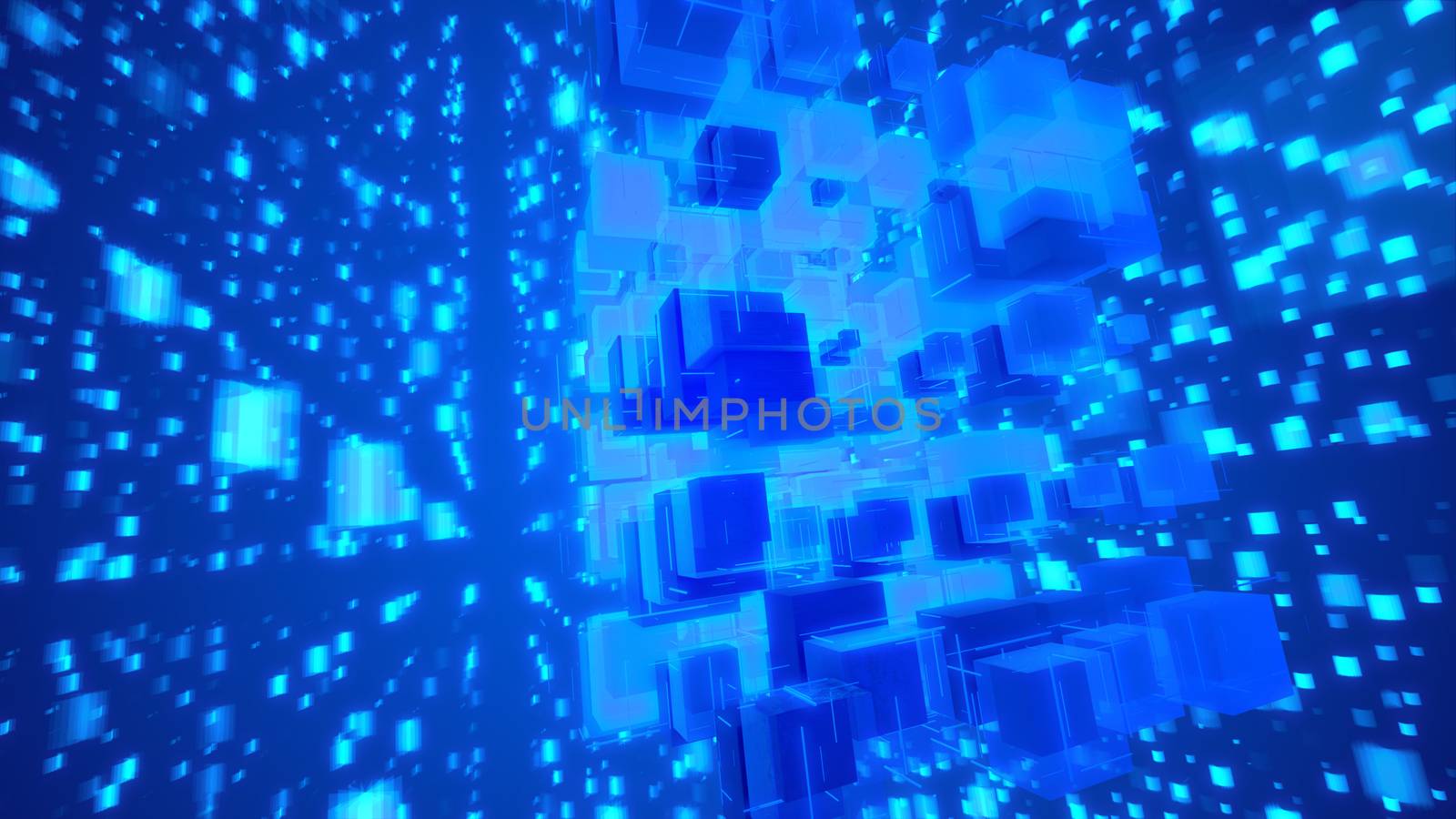 Hi-tech 3d illustration of glittering light blue cubes fixed together as a macrostructure in the blue background. The shining squares fly hign and create the mood of fest and celebration.