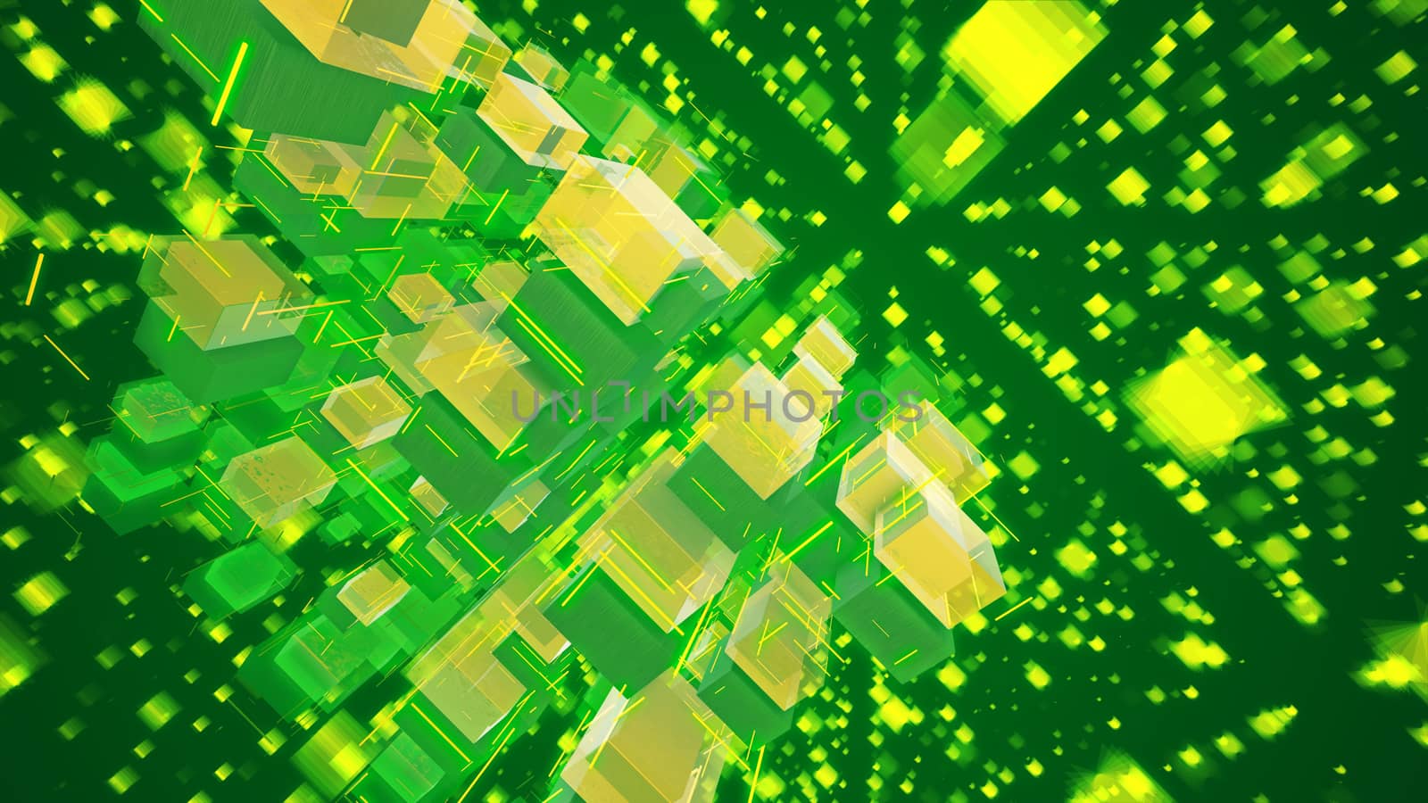 Artistic 3d illustration of shimmering yellow cubes fixed together as a macrostructure in the light green background with flying squares. They create the mood of innovation and luxury. 