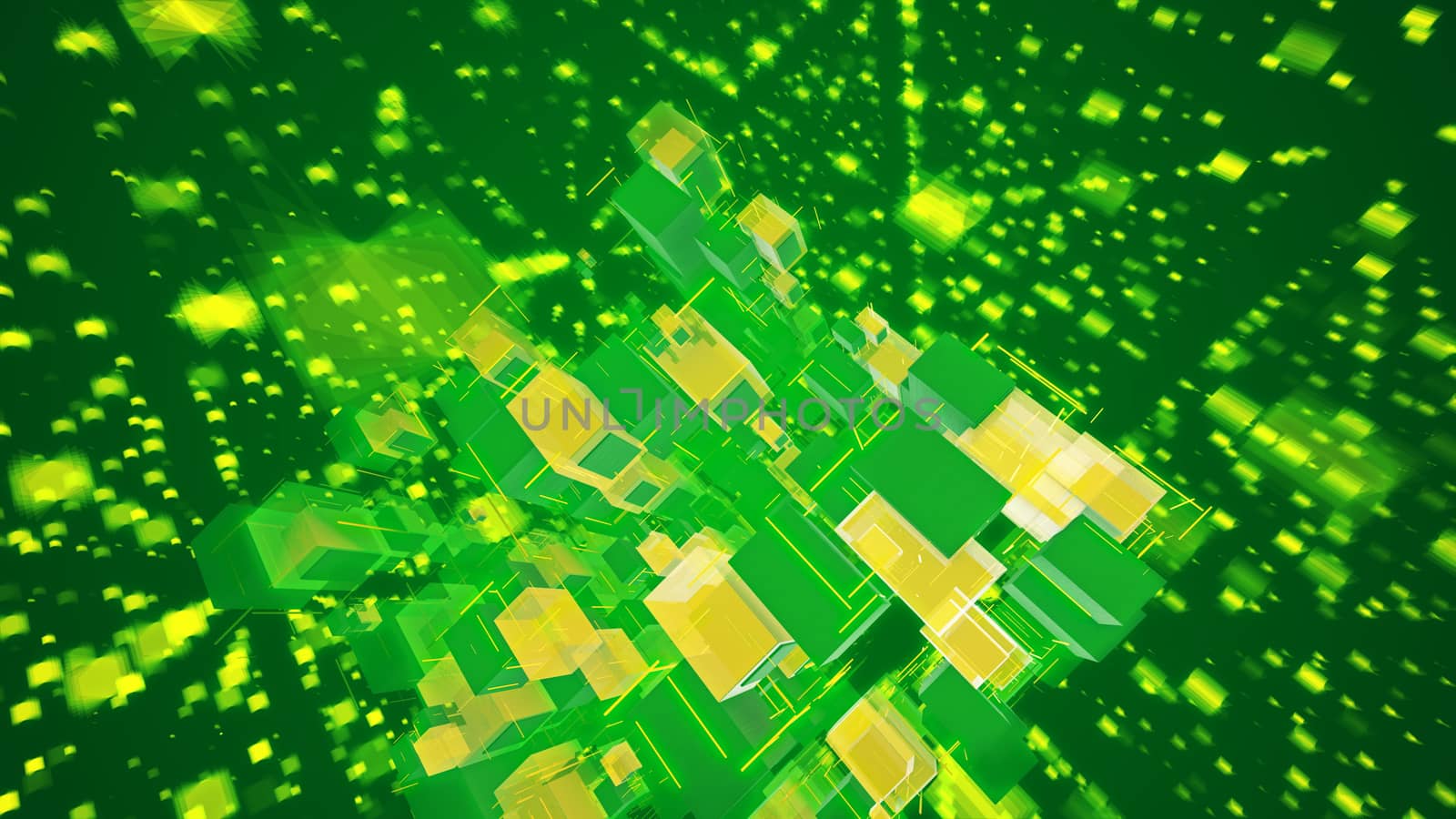 Gorgeous 3d illustration of soaring yellow cubes fixed together as a macrostructure in the salad background with flying and glowing square spots and squares. They look fine.