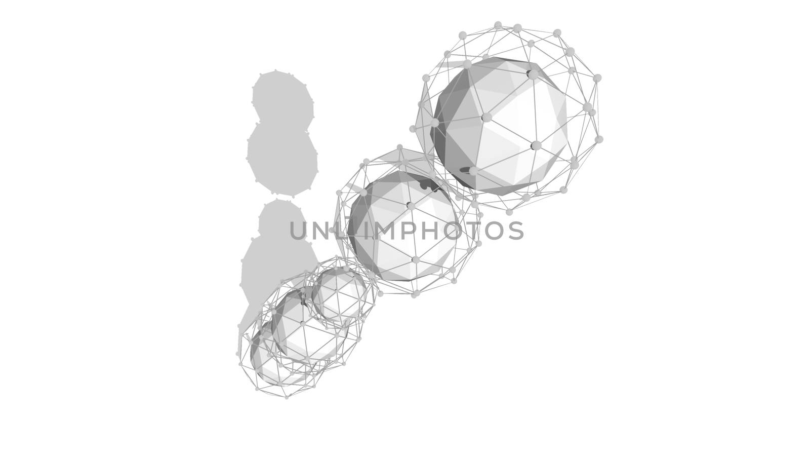 Arty 3d illustration of several spheres covered with network grids placed in one lengthy diagonal line in the white background. They look impressive, artistic and optimistic. 