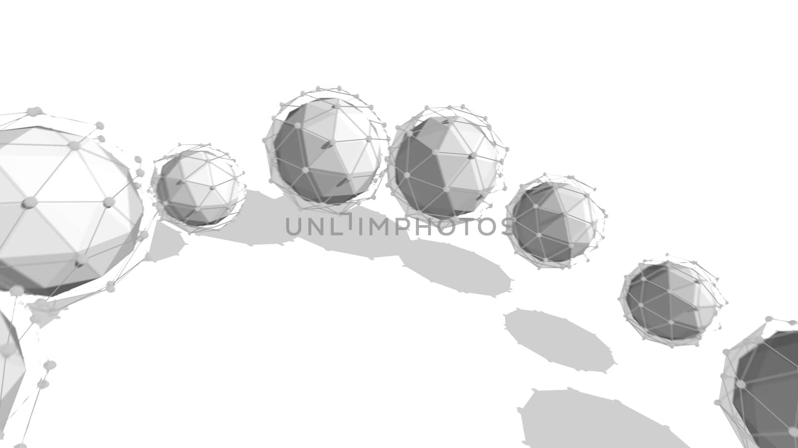 Striking 3d illustration of several spheres covered with network plexuses located in one semi circle in the white background. They have shadows and look optimistic and fine. 