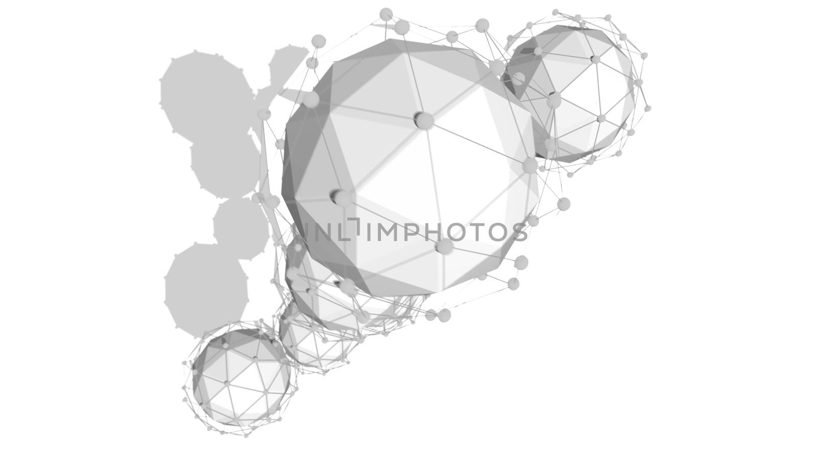 Opt art 3d illustration of one curvy line of four balls in each covered with network plexuses with grey shadows located vertically spinning around in the white background.  
