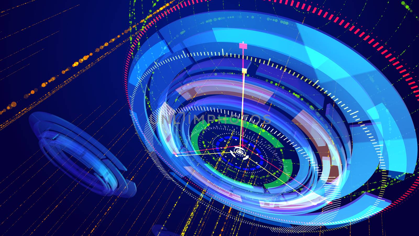 Cyber cosmos 3d illustration of dazzling blue and celeste circles rotating oppositely and having a compass dial face put aslant and thin arrows whirling too in the blue background.