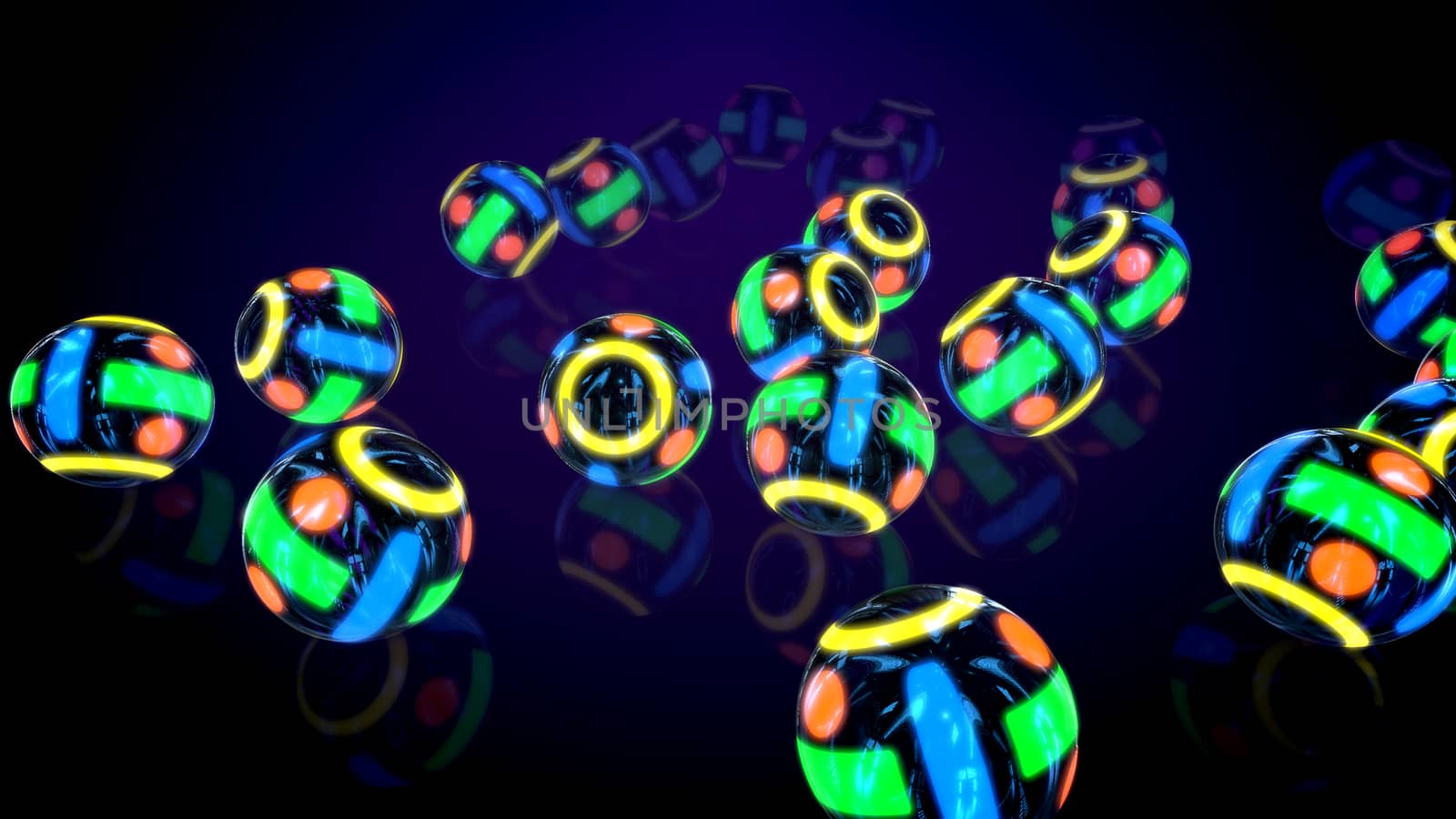 Exciting 3d illustration of four stripes of neon looking multicolored balls rolling on flat surface in the black background. They create the mood of advancement, techno joy and optimism.