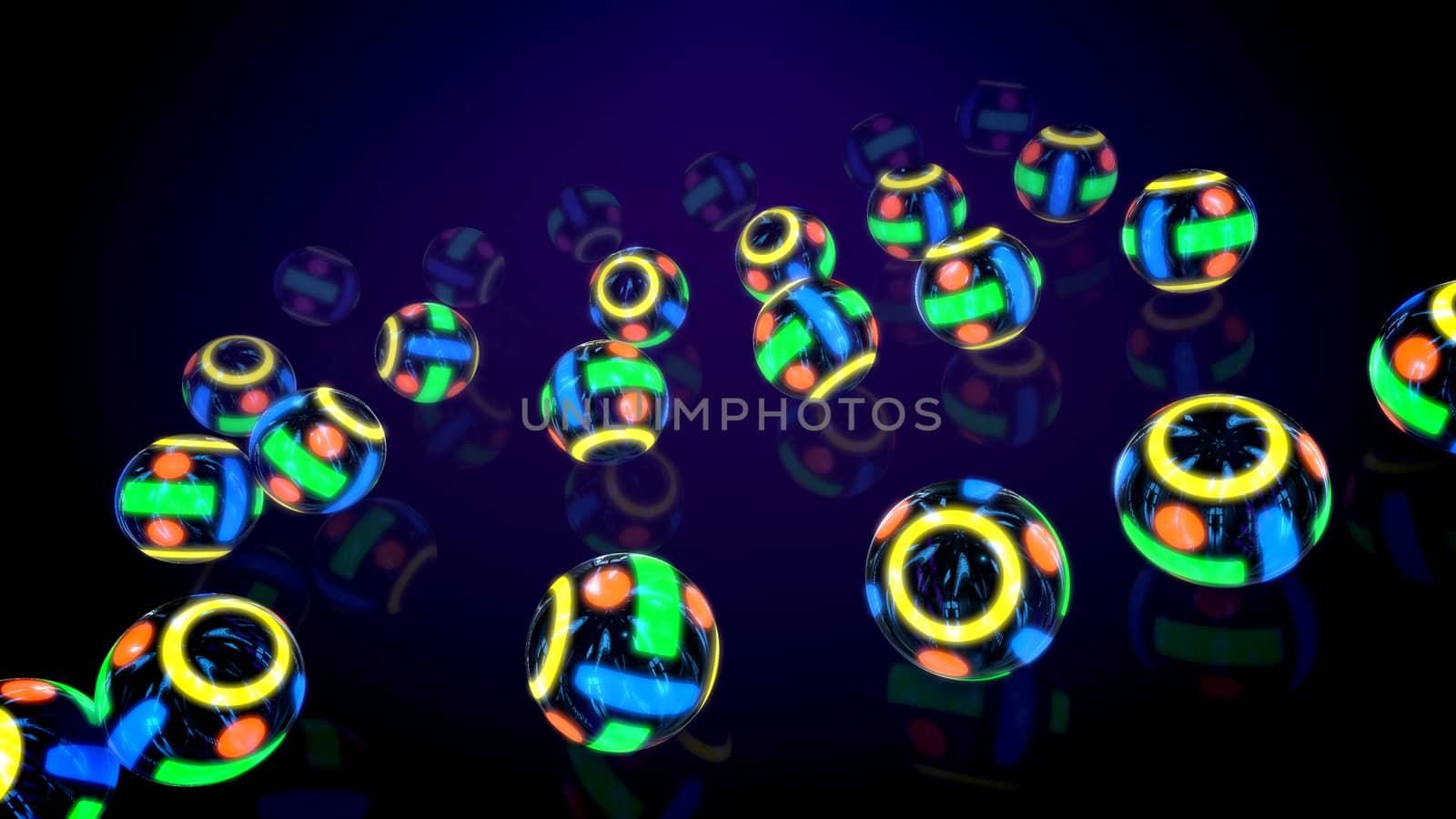 Celebratory 3d illustration of four rows of sparkling multicolored neon balls placed on one flat surfece in the black background. They generate the mood of optimism, celebration and fest.