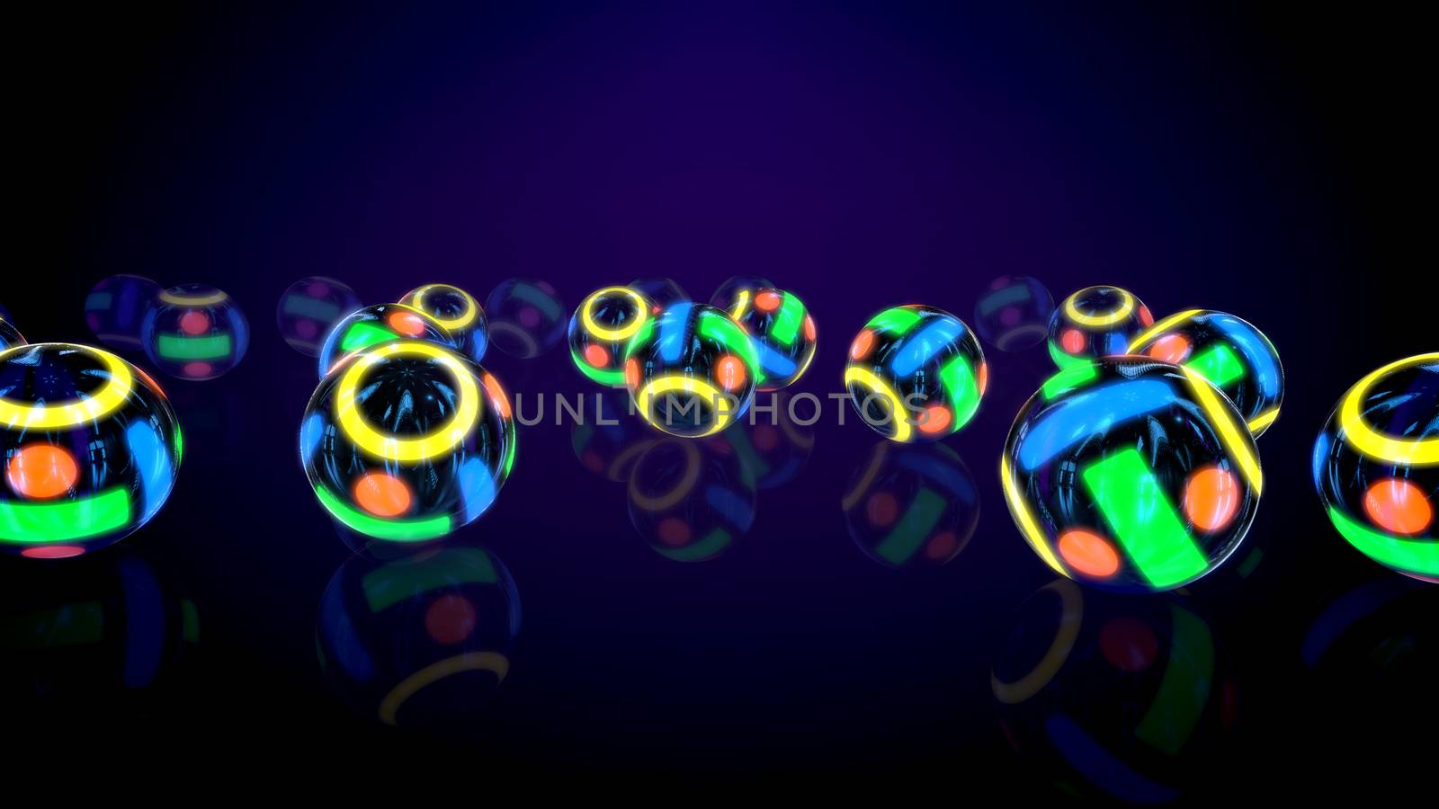 Festive 3d illutration of a group of neon looking colorful balls rolling on a flat surface in several lines in the black background. They create the spirit of innovation, fun and optimism.