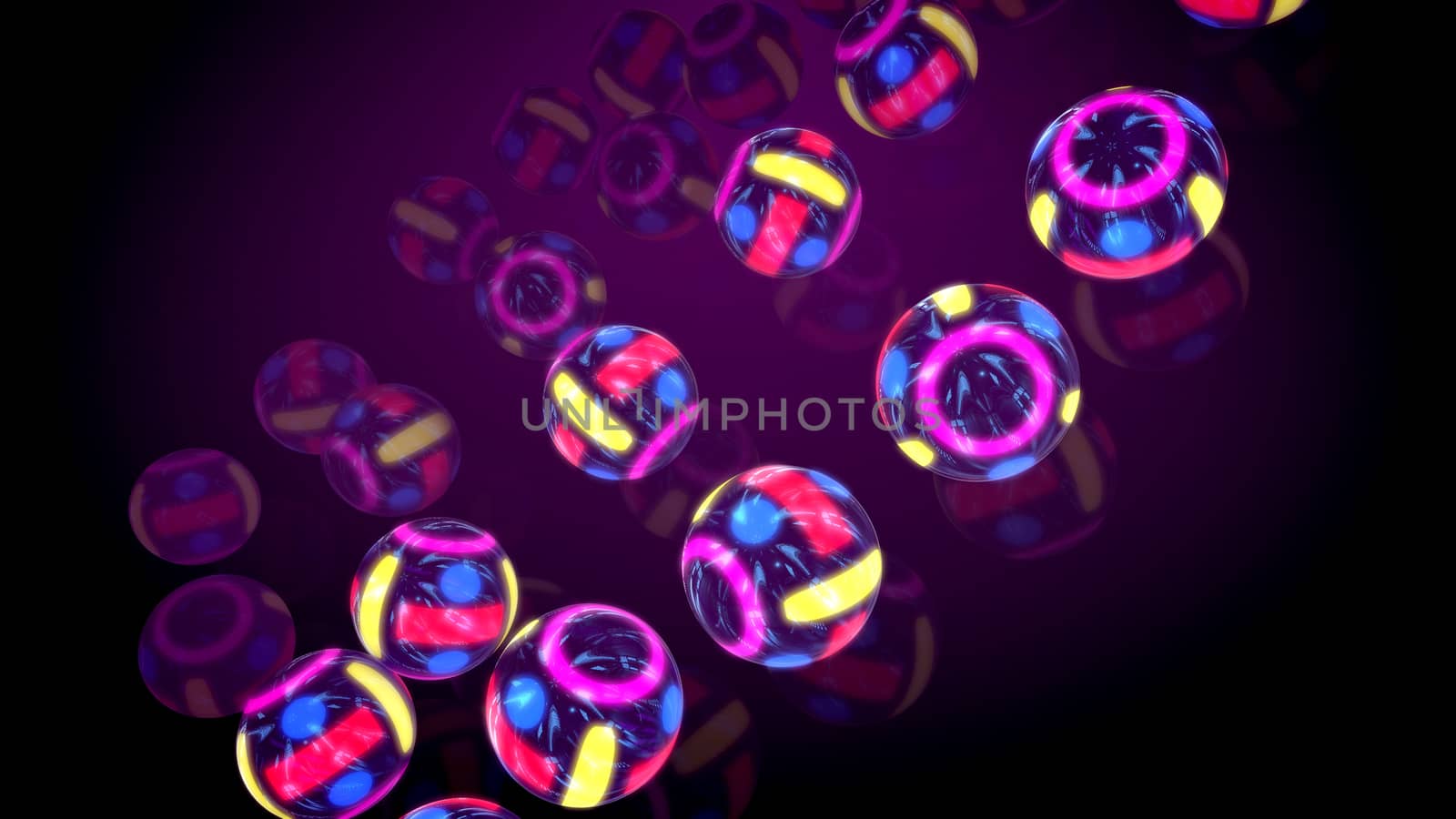 Amazing 3d illustration of four lines of neon looking colorful balls sliding down on a flat surface put aslant in the pink background. They generate the spirit of novelty, optimism and celebration.
