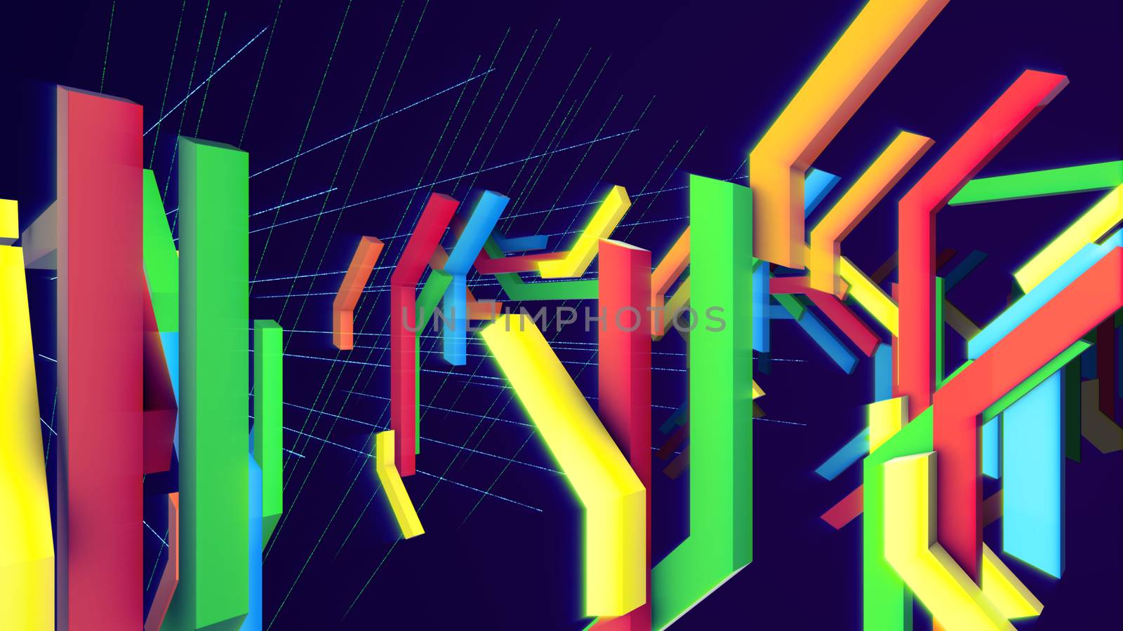 Exciting 3d illustration of moving colorful technical bars having curvy and zigzag shapes in the dark blue background with a hexagonal network. They look funny, childish and festive.