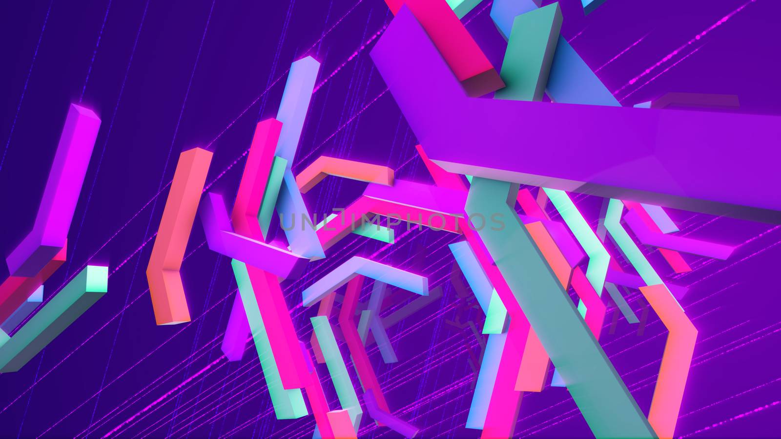 Jolly 3d illustration of soaring colorful technical bars having curvy and zigzag figures in the dark violet background with a hexagonal network. They look optimistic, celbratory and funny.