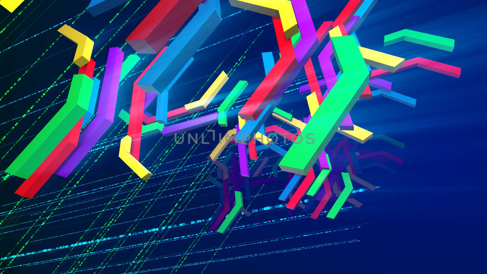Splendid 3d illustration of soaring down multicolored technical bars having zigzag and crisscross shapes in the dark violet background with a hexagonal network. They look optimistic and childish.