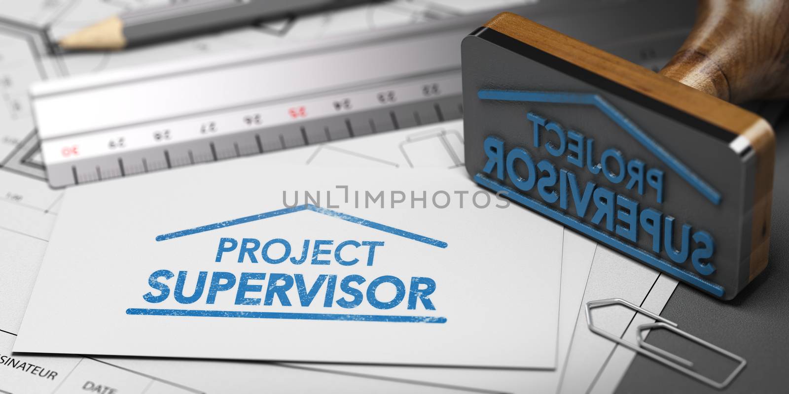 Project supervisor text stamped on a business card with rubber stamp. Construction manager concept. 3D illustration