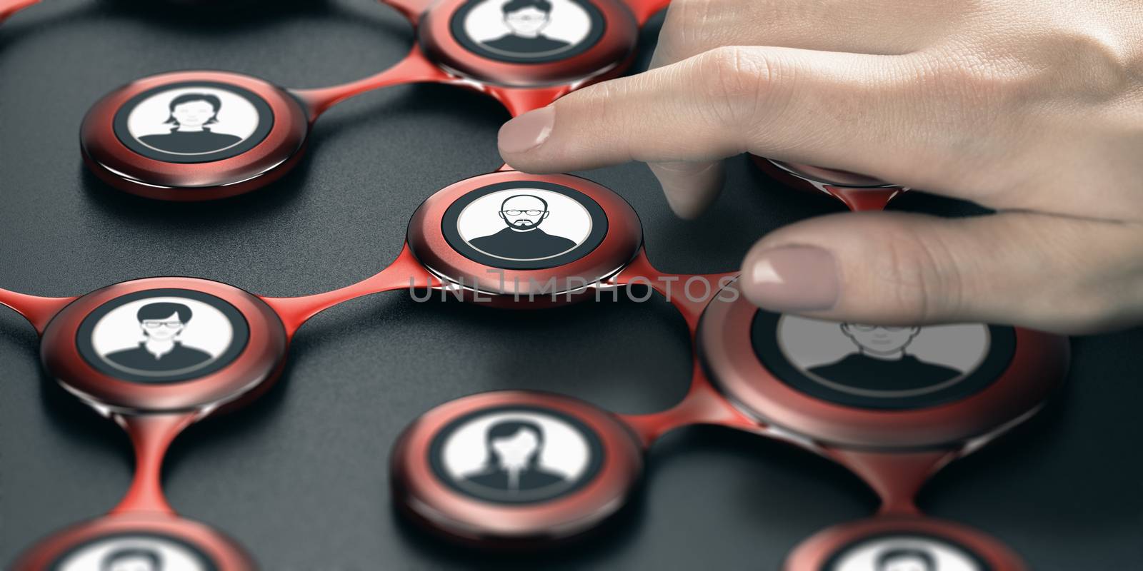 Finger pressing an avatar to select a contact inside a business network. Composite image between a hand photography and a 3D background.